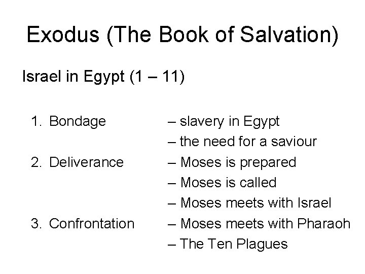 Exodus (The Book of Salvation) Israel in Egypt (1 – 11) 1. Bondage 2.