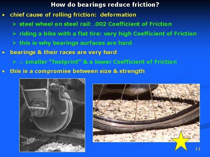 How do bearings reduce friction? • chief cause of rolling friction: deformation Ø steel