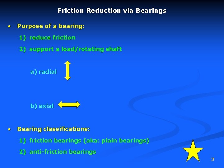 Friction Reduction via Bearings • Purpose of a bearing: 1) reduce friction 2) support