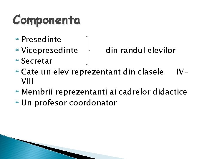 Componenta Presedinte Vicepresedinte din randul elevilor Secretar Cate un elev reprezentant din clasele IVVIII