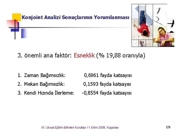 Konjoint Analizi Sonuçlarının Yorumlanması 3. önemli ana faktör: Esneklik (% 19, 88 oranıyla) 1.