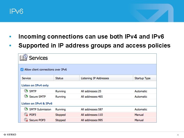 IPv 6 • • Incoming connections can use both IPv 4 and IPv 6