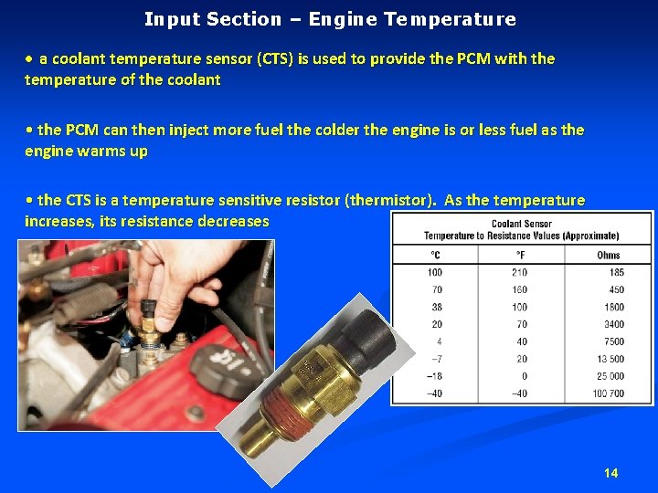 Input Section – Engine Temperature • a coolant temperature sensor (CTS) is used to Input Section – Engine Temperature • a coolant temperature sensor (CTS) is used to