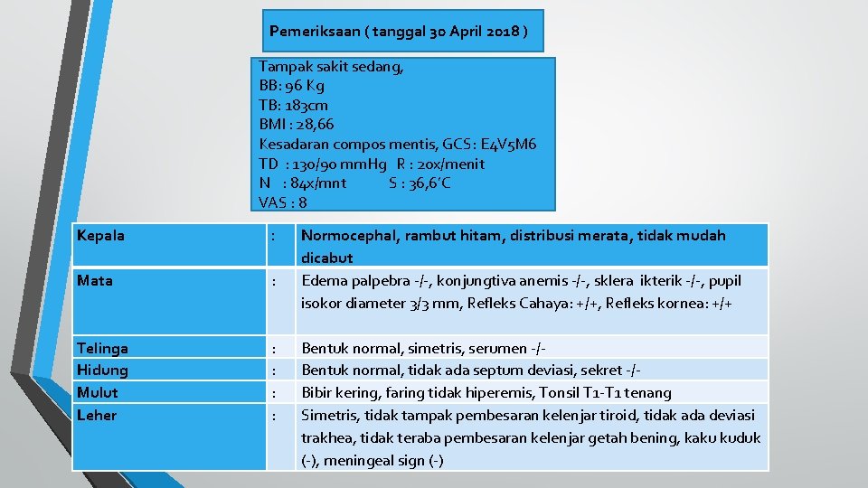 Pemeriksaan ( tanggal 30 April 2018 ) Tampak sakit sedang, BB: 96 Kg TB: