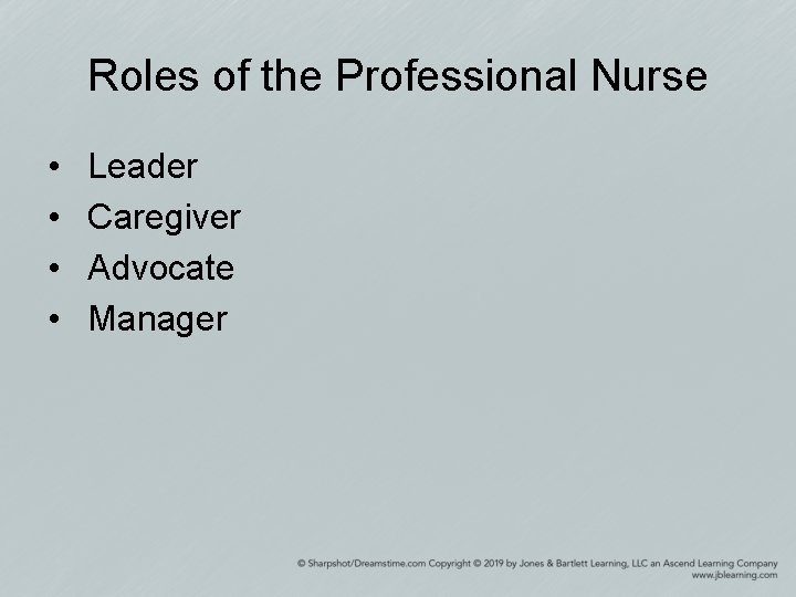 Roles of the Professional Nurse • • Leader Caregiver Advocate Manager 