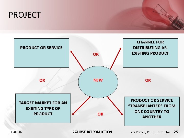 PROJECT PRODUCT OR SERVICE OR OR TARGET MARKET FOR AN EXISTING TYPE OF PRODUCT