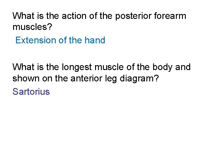 What is the action of the posterior forearm muscles? Extension of the hand What