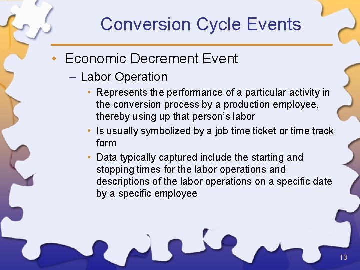 Conversion Cycle Events • Economic Decrement Event – Labor Operation • Represents the performance