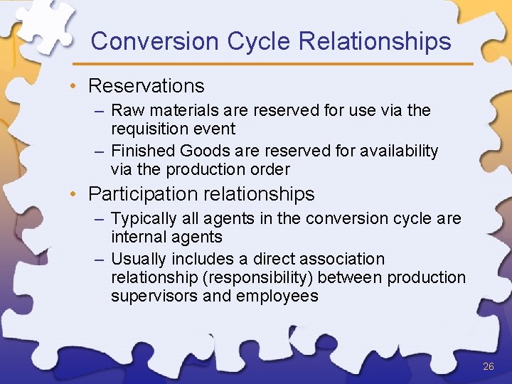 Conversion Cycle Relationships • Reservations – Raw materials are reserved for use via the