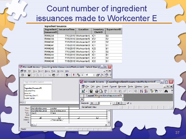 Count number of ingredient issuances made to Workcenter E 37 