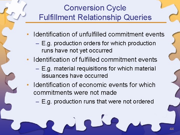 Conversion Cycle Fulfillment Relationship Queries • Identification of unfulfilled commitment events – E. g.