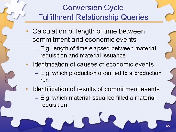 Conversion Cycle Fulfillment Relationship Queries • Calculation of length of time between commitment and