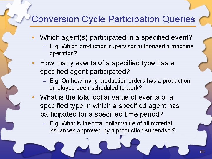 Conversion Cycle Participation Queries • Which agent(s) participated in a specified event? – E.