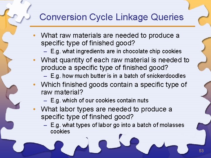 Conversion Cycle Linkage Queries • What raw materials are needed to produce a specific