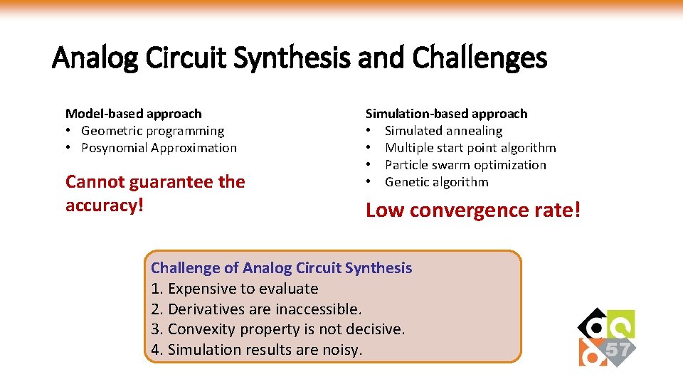 Analog Circuit Synthesis and Challenges Model-based approach • Geometric programming • Posynomial Approximation Cannot