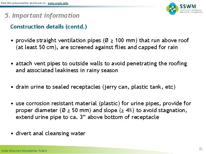 Find this presentation and more on: www. sswm. info. 5. Important information Construction details