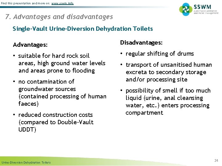 Find this presentation and more on: www. sswm. info. 7. Advantages and disadvantages Single-Vault