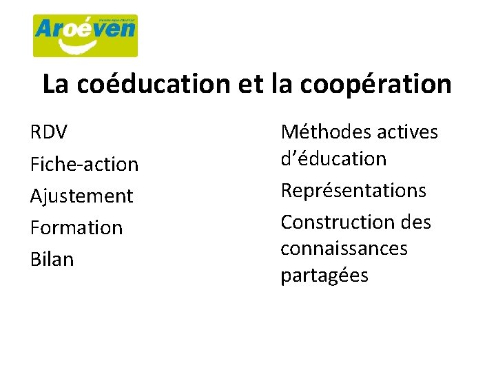 La coéducation et la coopération RDV Fiche-action Ajustement Formation Bilan Méthodes actives d’éducation Représentations