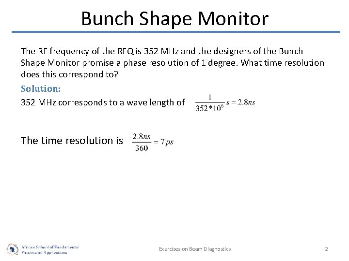 Bunch Shape Monitor The RF frequency of the RFQ is 352 MHz and the