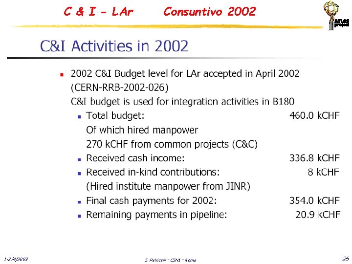 C & I - LAr 1 -2/4/2003 Consuntivo 2002 S. Patricelli - CSN 1