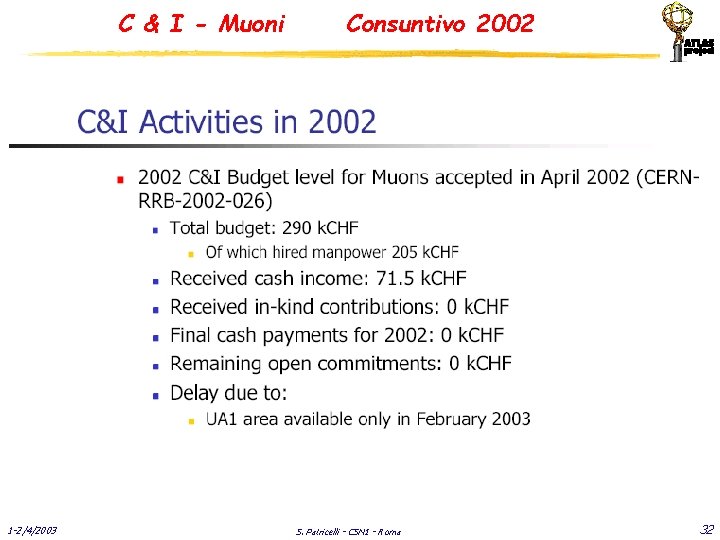 C & I - Muoni 1 -2/4/2003 Consuntivo 2002 S. Patricelli - CSN 1