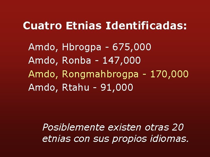 Cuatro Etnias Identificadas: Amdo, Hbrogpa - 675, 000 Ronba - 147, 000 Rongmahbrogpa -