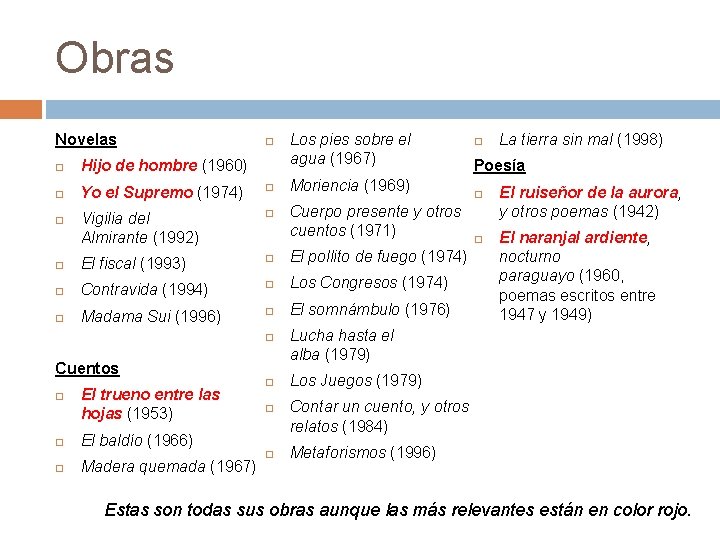 Obras Novelas Los pies sobre el agua (1967) Hijo de hombre (1960) Yo el