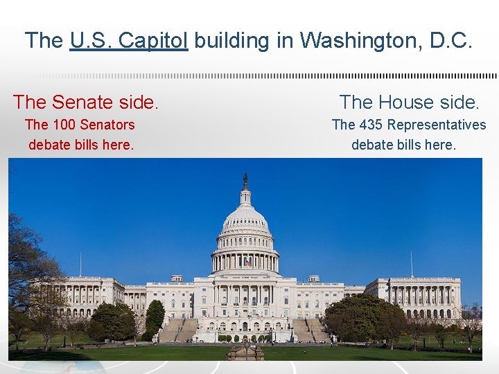The U. S. Capitol building in Washington, D. C. The Senate side. The 100