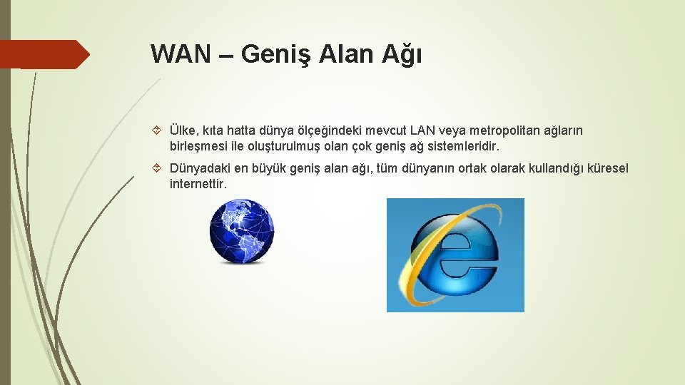 WAN – Geniş Alan Ağı Ülke, kıta hatta dünya ölçeğindeki mevcut LAN veya metropolitan