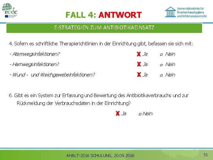 FALL 4: ANTWORT E‐STRATEGIEN ZUM ANTIBIOTIKAEINSATZ 4. Sofern es schriftliche Therapierichtlinien in der Einrichtung