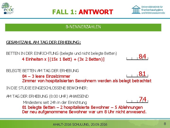 FALL 1: ANTWORT B‐NENNERZAHLEN GESAMTZAHL AM TAG DER ERHEBUNG: BETTEN IN DER EINRICHTUNG (belegte