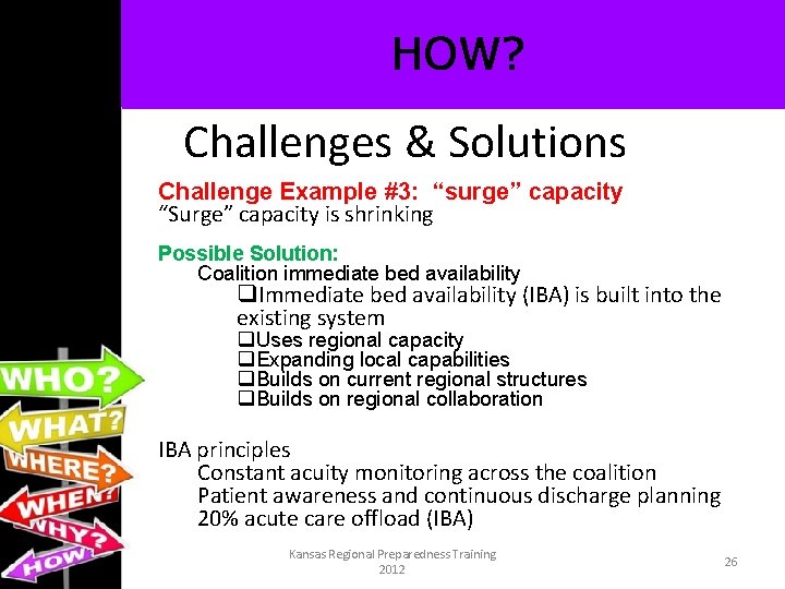 HOW? Challenges & Solutions Challenge Example #3: “surge” capacity “Surge” capacity is shrinking Possible