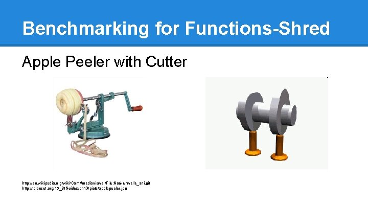 Benchmarking for Functions-Shred Apple Peeler with Cutter http: //en. wikipedia. org/wiki/Cam#mediaviewer/File: Nockenwelle_ani. gif http: