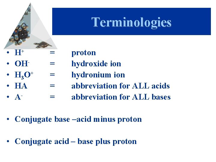 Terminologies • • • H+ OHH 3 O+ HA A- = = = proton
