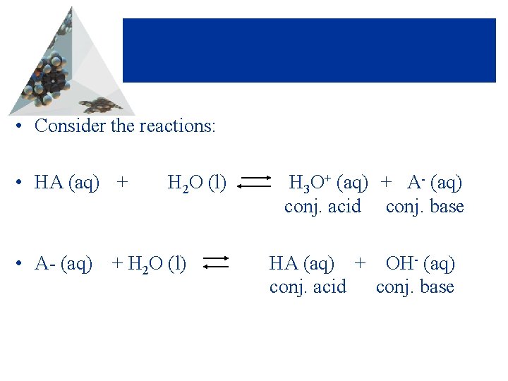  • Consider the reactions: • HA (aq) + H 2 O (l) •