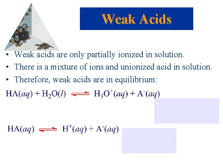 Weak Acids • Weak acids are only partially ionized in solution. • There is