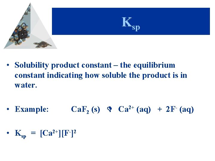 Ksp • Solubility product constant – the equilibrium constant indicating how soluble the product