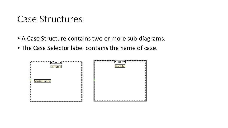 Case Structures • A Case Structure contains two or more sub-diagrams. • The Case Case Structures • A Case Structure contains two or more sub-diagrams. • The Case
