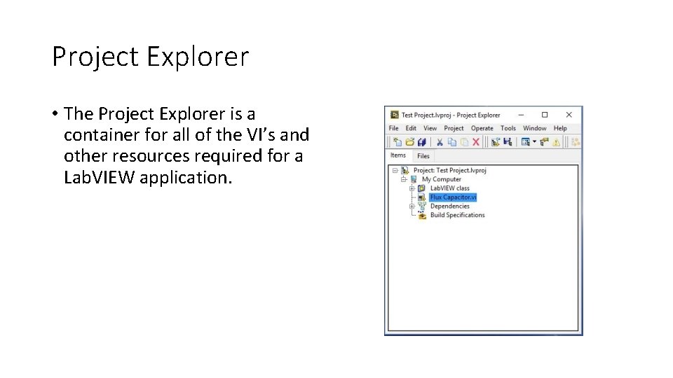 Project Explorer • The Project Explorer is a container for all of the VI’s Project Explorer • The Project Explorer is a container for all of the VI’s
