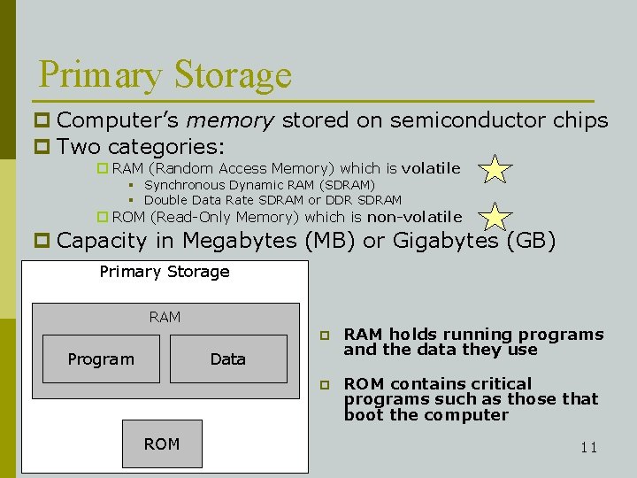 Primary Storage p Computer’s memory stored on semiconductor chips p Two categories: p RAM