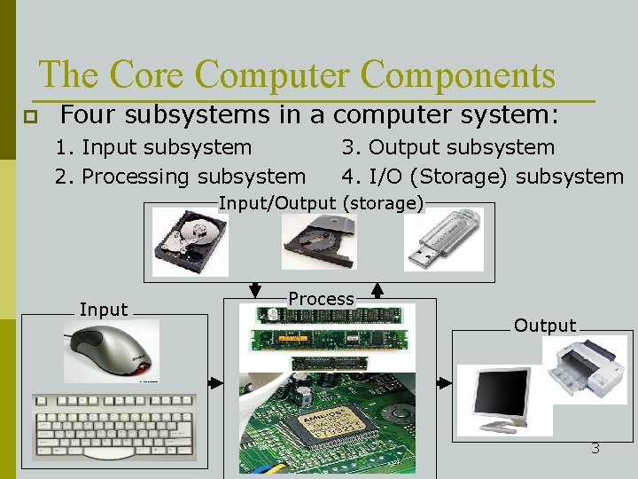 The Core Computer Components p Four subsystems in a computer system: 1. Input subsystem