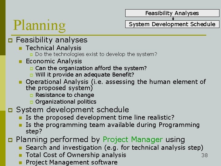 Feasibility Analyses Planning p Feasibility analyses n Technical Analysis p n Can the organization