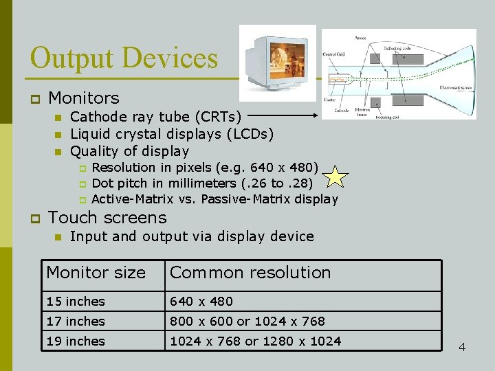 Output Devices p Monitors n n n Cathode ray tube (CRTs) Liquid crystal displays
