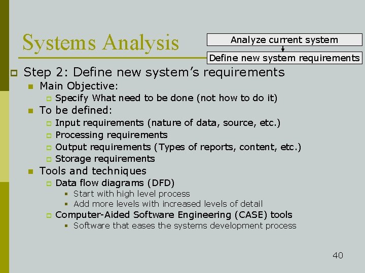 Systems Analysis p Analyze current system Define new system requirements Step 2: Define new