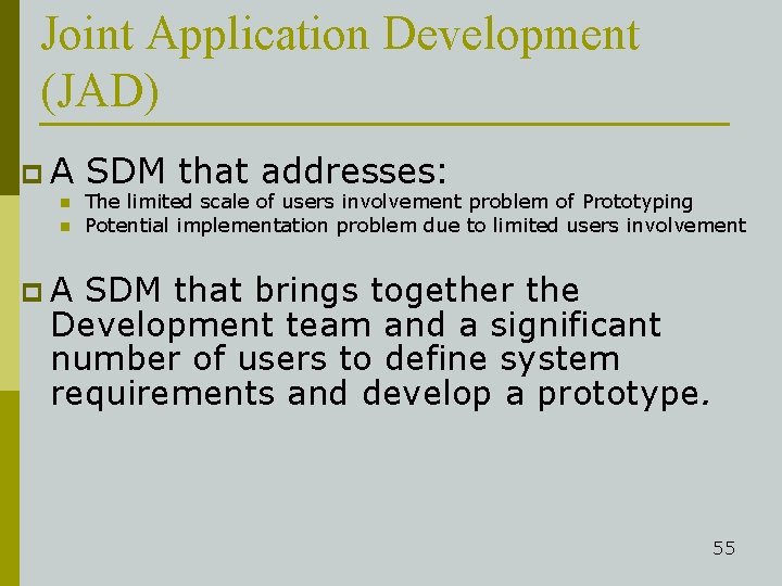Joint Application Development (JAD) p. A n n SDM that addresses: The limited scale
