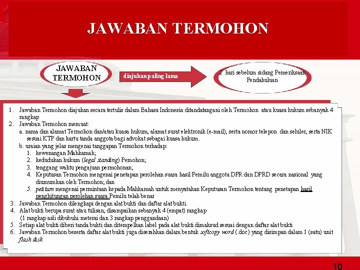 JAWABAN TERMOHON diajukan paling lama 2 hari sebelum sidang Pemeriksaan Pendahuluan 1. Jawaban Termohon