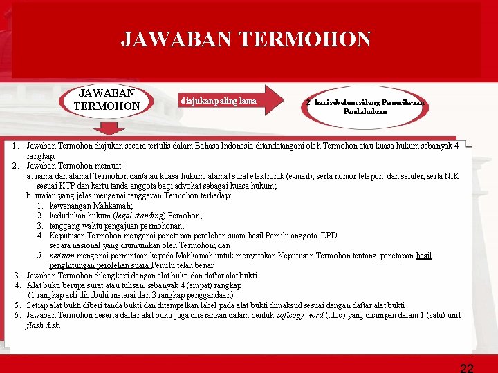 JAWABAN TERMOHON diajukan paling lama 2 hari sebelum sidang Pemeriksaan Pendahuluan 1. Jawaban Termohon