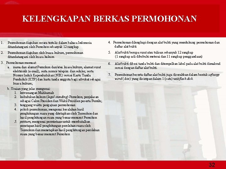 KELENGKAPAN BERKAS PERMOHONAN 1. Permohonan diajukan secara tertulis dalam bahasa Indonesia ditandatangani oleh Pemohon