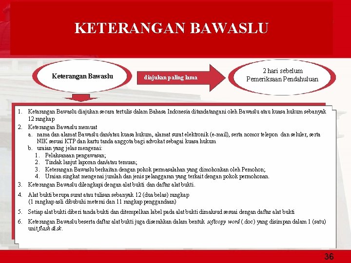 KETERANGAN BAWASLU Keterangan Bawaslu diajukan paling lama 2 hari sebelum Pemeriksaan Pendahuluan 1. Ketarangan