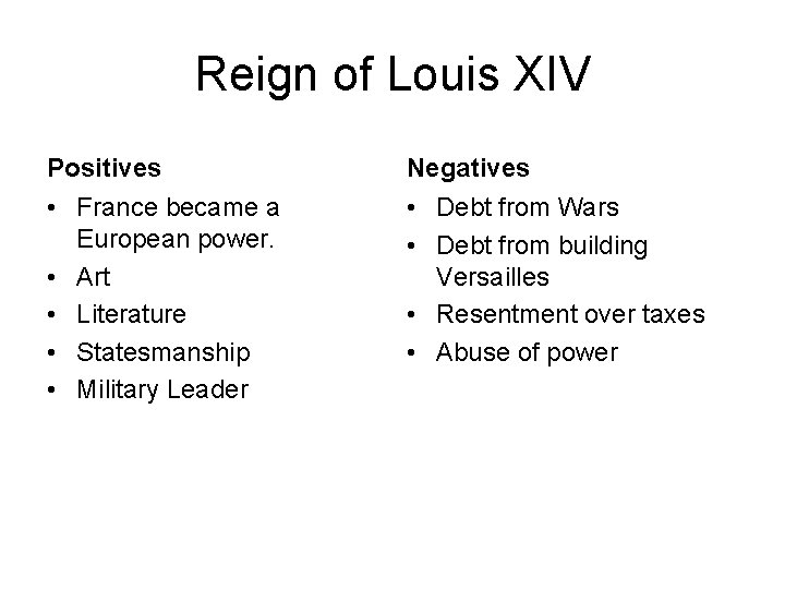 Reign of Louis XIV Positives Negatives • France became a European power. • Art